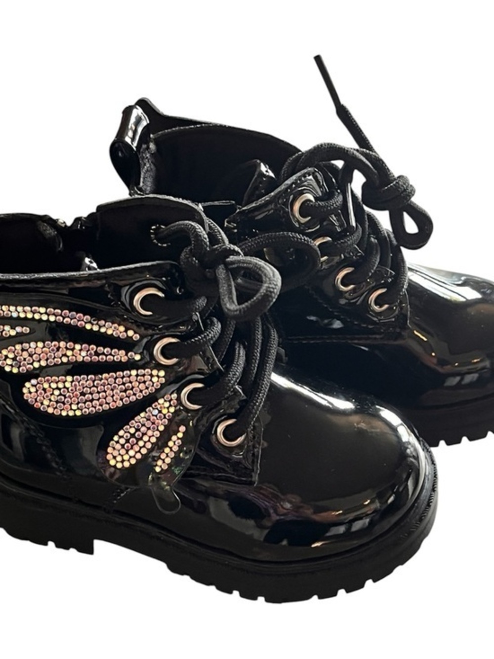 Girls' Black Patent Lace-Up Boots with Iridescent Wing Detail